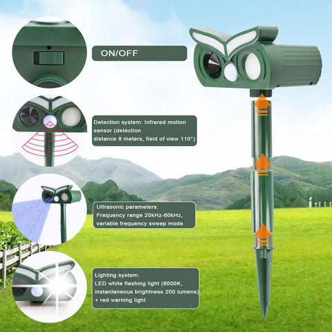 Solar Ultrasonic Outdoor Animal Deterrent Pack With Motion Sensor And Flash Light Keeps Deer Rabbits Squirrels Raccoons And Chipmunks Out Of Your Yard Humane Pest Repellent For Gardens And Lawns Keeps Pests At Bay, green ABS stake