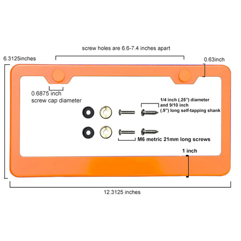 Orange 8K Mirror Polished Stainless Steel License Plate Frame with parts shown, dimensions labeled, rust resistant build