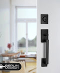Front Door Handle Set With Deadbolt Lock, Heavy Duty Single Cylinder, Reversible Lever, Iron Black Finish on door