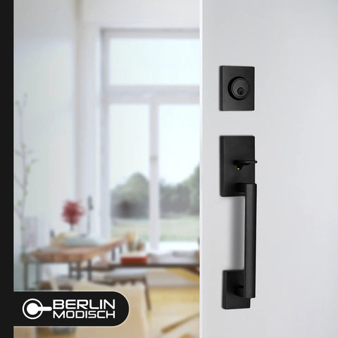 Front Door Handle Set With Deadbolt Lock, Heavy Duty Single Cylinder, Reversible Lever, Iron Black Finish on door