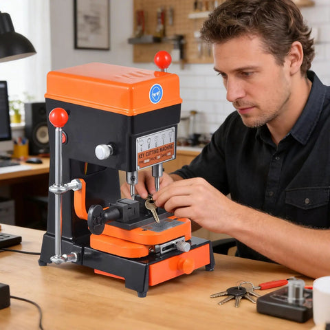 Man using Pro Grade 120W Cutter And Manual Duplicator Copy Machine With Vertical Copy Drill Copper Core Adjustable Motor for key cutting