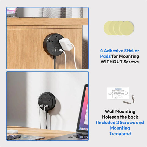 Ultra Flat Plug Power Strip With USB Ports And Wall Mount Space Saver mounted on wall with adhesive stickers and screws.