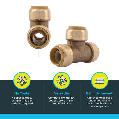 Three Quarter Inch Quick Connect Brass Tee Fitting For PEX Copper CPVC PE RT HDPE plumbing, easy push to connect