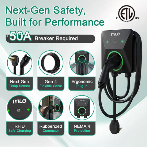 Plug And Play Level 2 Ev Charger 40 Amp Electric Vehicle Charging Station Nema 1450P Plug with wifi and flexible cables.