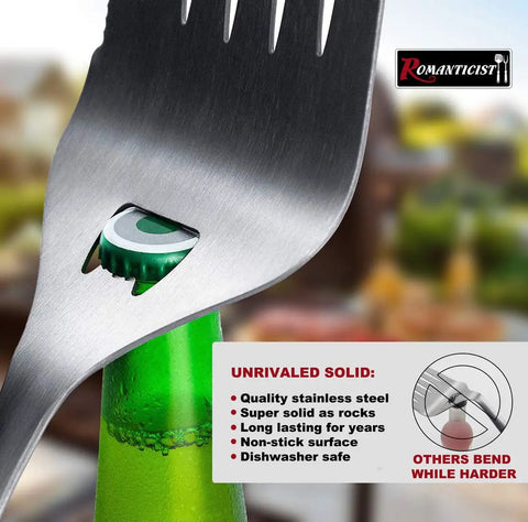 Heavy Duty Grill Tool Set For Serious Barbecues With Spatula Fork Tongs And Basting Brush Premium Stainless Construction Ideal For Backyard Barbecue Or Restaurant Outdoor Kitchen Gift For Fathers Day Dad close-up of fork opening bottle
