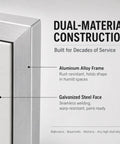 Close-up of aluminum alloy frame and galvanized steel face of Sleek Quick Swap Access Panel 10X18 Inch.