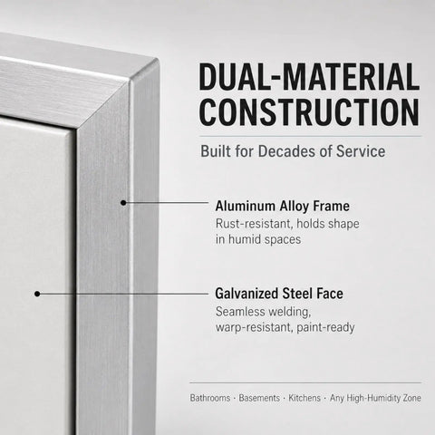 Close-up of aluminum alloy frame and galvanized steel face of Sleek Quick Swap Access Panel 10X18 Inch.