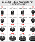 Beast Bore Sight Kit With Red Laser 16 Adapters For 17 To 12 Gauge Calibers showing size range of each caliber adapter.