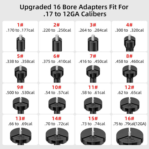 Beast Bore Sight Kit With Red Laser 16 Adapters For 17 To 12 Gauge Calibers showing size range of each caliber adapter.