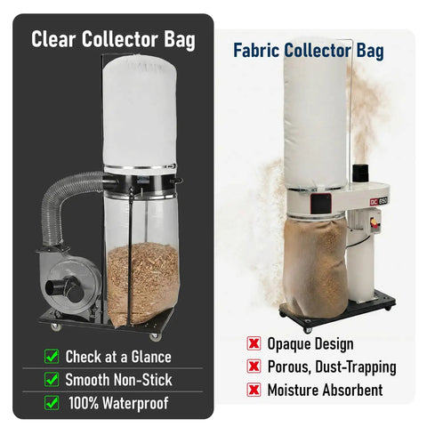 Comparison of clear and fabric dust collector bags on 70 gallon collectors. Thickened Dust Collector Bags 31x43 Inch 6 Mil Clear Plastic, 6 Pack.