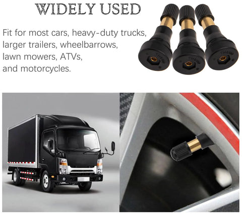 TR600HP heavy-duty brass rubber snap-in tire valve stems; trio shown (front view) with wheel-install close-up