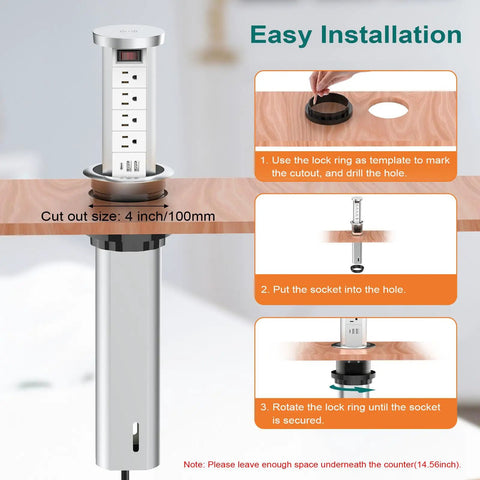 Pop Up Power Outlet With Wireless Charging Station installation guide on a countertop, showing cutout steps and socket placement.