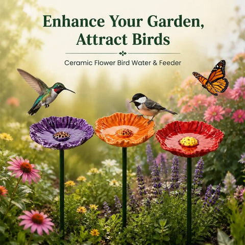 Handmade Ceramic Mini Pollinator Watering Station For Outdoor Gardens with colorful flowers and birds in a garden setting.