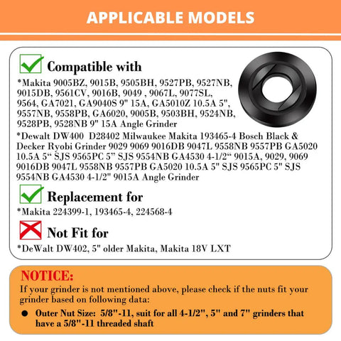Grinder Wrench Set 5/8-11 Nuts Fits 4.5 5 7 Inch Grinders Makita DeWalt compatibility chart showing model fit details.