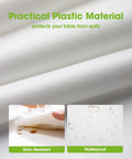 No Drama Cleanup Disposable Plastic Tablecloths Rectangle Table Cover 54X108 Inches White 10 Pack material showing stain-resistant and waterproof features.