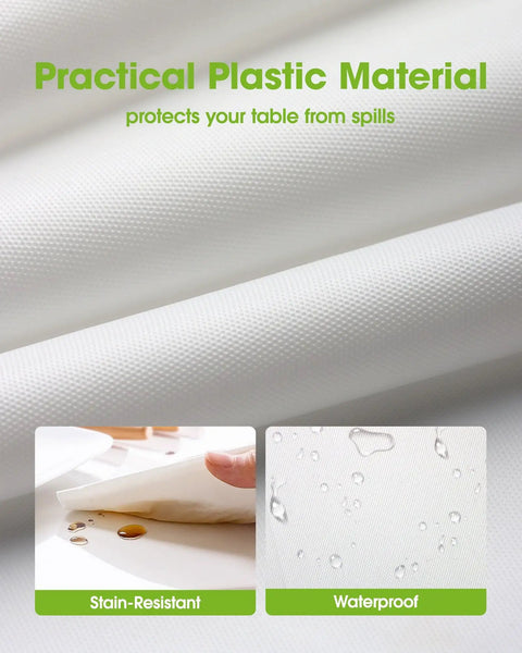 No Drama Cleanup Disposable Plastic Tablecloths Rectangle Table Cover 54X108 Inches White 10 Pack material showing stain-resistant and waterproof features.