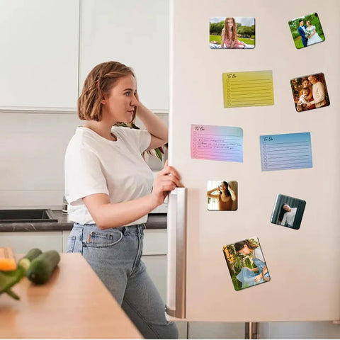 Woman using fridge with various photo magnets from DIY Fridge Magnet Making Kit 2.5 By 2.5 Inch With 100 Consumables on door