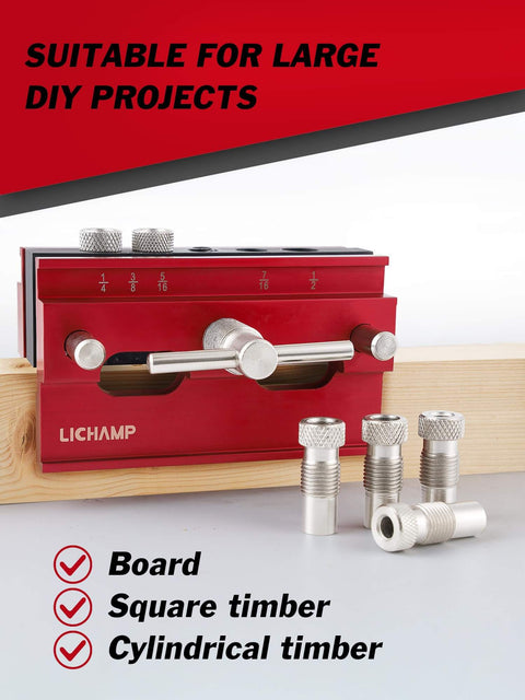 Self Centering Doweling Jig Kit With 6 Drill Guide Bushings For Precise Straight Holes, Pro Grade Build With Heavy Duty Aluminum Sides And 40CR Plate, Steel Screws, Built To Last, Ideal For Cabinetry And Woodworking Projects.