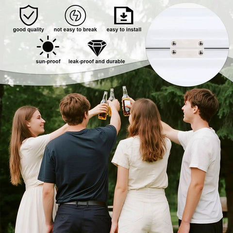 Group of friends celebrating outdoors with drinks; inset shows a cooler hinge part of the 26 Piece Cooler Hinge And Latch Kit Replacement Pack For Ice Chest And Freezer Includes Hinges Latches Screws Drain Plugs Rubber Plugs And All The Essential Accessories For Quick Easy No Brainer Repair And Refit.