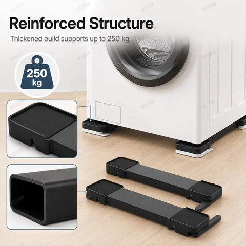 Heavy Duty Washer Dryer Pedestal With Roller Sliders For Easy Lift Move And Lower Heavy Appliances, Adjustable Furniture Mover With 250kg Load Capacity, Solid Plastic Stand For Washers Dryers And Fridges In Black with reinforced structure.