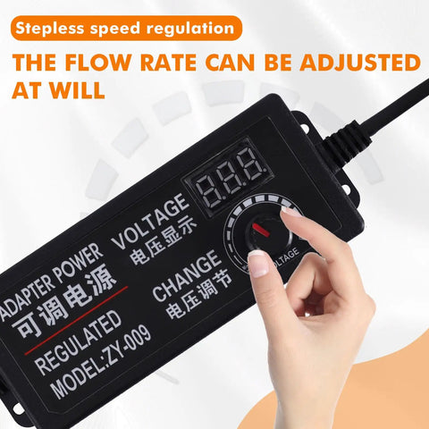 Heavy Duty 110V Electric Wine Transfer Pump control panel showing adjustable flow rate and voltage settings.