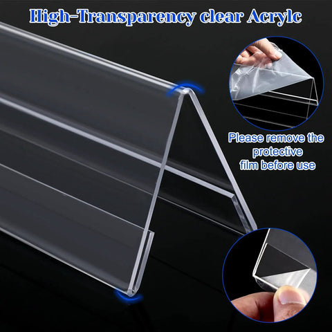 12 Pack Clear Acrylic Desk Name Plates Three By Eight Point Five Inches Thick Two Point One Millimeters Lightweight 110g Each Reusable Name Tent Holders For Office Meetings Conferences And Business Events with protective film being removed