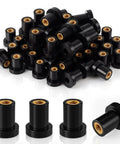 Heavy Duty Rubber Well Nuts With Solid Brass Sleeve Inserts, 1/4 20 X 3/4 Inch Length, 40 Pack, showing multiple black rubber well nuts with brass inserts.
