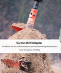 Heavy duty power drill adapter for earth augers and garden gear, four slot shank, converting drill to garden tools in use.