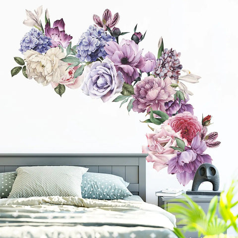 Giant Peony Wall Decals Four Piece Set With Watercolor Rose Blooms over bed in living room or bedroom decor