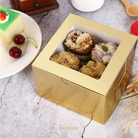 Premium Gold Bakery Boxes With Clear Window, 25 Pack Of 5x5x3.5 Inch Cake Containers Keep Cupcakes And Pies Looking Dope, Solid Food Grade Shipping Supplies For Small Business Owners To Sell Sweet Treats Today