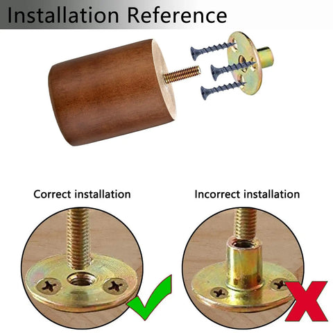 Installation reference for Solid Round Wooden Furniture Legs Set Of Four With Predrilled M8 Screw Threads for DIY couch and dressers.