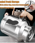 Person holding a Heavy Duty 304 Stainless Steel Storage Bucket With Lid And Handle for secure transport, showcasing airtight design.
