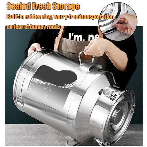 Person holding a Heavy Duty 304 Stainless Steel Storage Bucket With Lid And Handle for secure transport, showcasing airtight design.