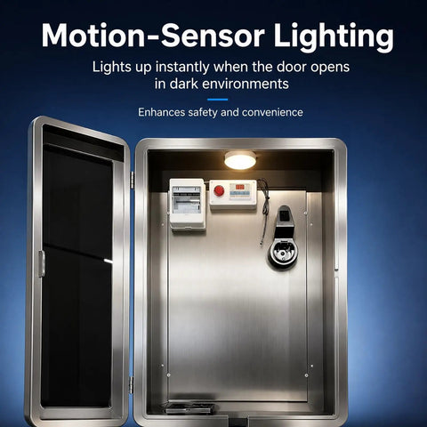 Lockable Outdoor EV Charger Box Wall Mount Enclosure With Smart Temp Control Auto Cooling Fan Motion Sensor Light showing interior with lighting and components.