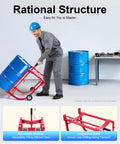 Heavy Duty Steel Drum Cradle For 55 Gallon Drums On Wheels Supports Up To 600 Lbs Portable Stand For Industrial Warehouses And Workshops With Corrosion Resistant Electrostatic Coating And Smooth Roll Mobility, red steel drum cradle moving blue drum