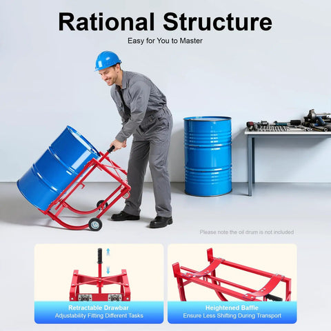 Heavy Duty Steel Drum Cradle For 55 Gallon Drums On Wheels Supports Up To 600 Lbs Portable Stand For Industrial Warehouses And Workshops With Corrosion Resistant Electrostatic Coating And Smooth Roll Mobility, red steel drum cradle moving blue drum