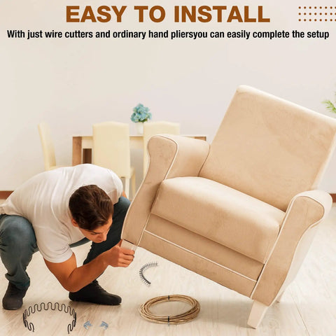 Heavy Duty Upholstery Stay Wire And Spring Repair Kit With 60 Feet Paper Wrapped Cord Plus 120 Solid Clips To Quick Fix Sagging Couches No Sweat, installation scene with repair tools.