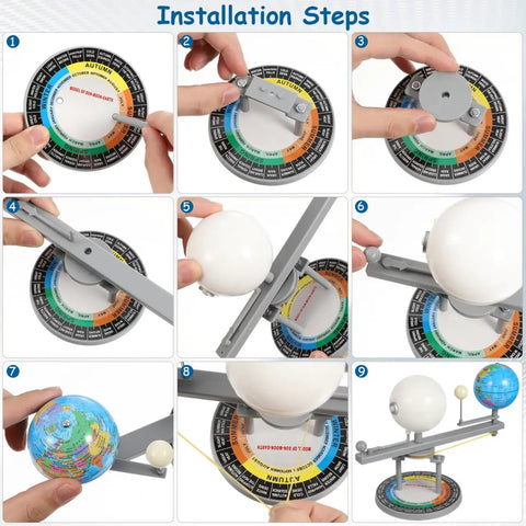 Installation steps for Straight Up Premium Sun Earth And Moon Orbital Model Solar System Educational Display showing assembly.