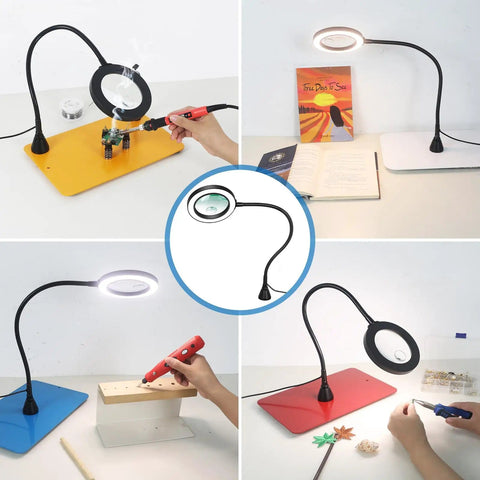 LED Magnifying Lamp With Flexible Gooseneck 5X And 10X Lenses 3 Color Modes Soldering Helping Hands Base Station for DIY projects
