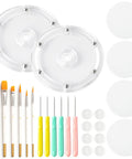 Level Up Your Sweet Baking Game With This Solid Acrylic Cookie Decorating Turntable Kit That Comes Loaded With Scribe Needles Soft Brushes Grip Mats And Rubber Feet For Flawless Icing Every Time, featuring two clear turntables and assorted tools.