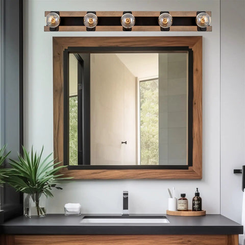 36-Inch Five-Light Modern Farmhouse Vanity Light With Smoked Birch Wood Grain Metal And Black Finish, Open Rectangular Frame, Rustic Bathroom Bar Fixture For Powder Rooms And Hallways displayed above bathroom mirror