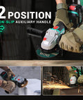 Cordless 4-1/2 Inch Angle Grinder With 20V Brushless Motor Up To 8500RPM Tool-Free Guard in use grinding metal