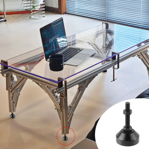 Glass-top table with Set Of 4 Beefy Adjustable Furniture Leveling Feet With M8 Threads In Black Aluminum for stability