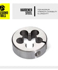 Hardened steel die from Pro Grade 60 Piece Metric And SAE Threading Tap And Die Tool Set For Precision Threads, easy start tapered teeth.
