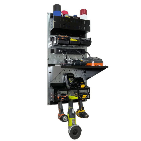 Power Tool Storage Organizer Kit With Cordless Drill Holder And Charging Station On 16x32 Metal Pegboard Wall Mount Made In USA
