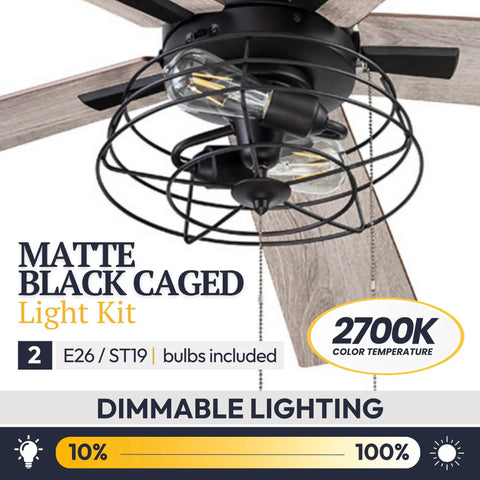 52 Inch Industrial Style LED Ceiling Fan With Light featuring matte black cage and reversible blades, dimmable 2700K LED light