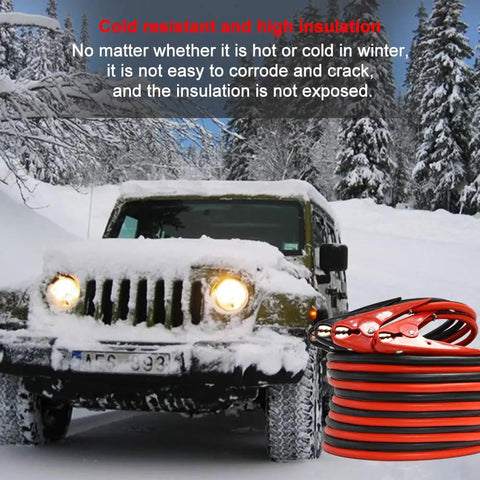 Top Shelf Heavy Duty Jumper Cables Kickstart Your Rig With Zero Hassle Using 25 Ft 1 Gauge Booster Cables Copper Clad Aluminum Build and 800 Amp Surge For Cars Trucks And Suv in snowy environment.
