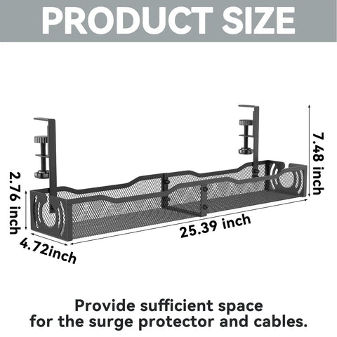 No-Drill Under Desk Cable Tray Organizer, 25.3 Inch Metal Wire Management Tray With Clamp Mount For Desks Up To 2 Inches, Black