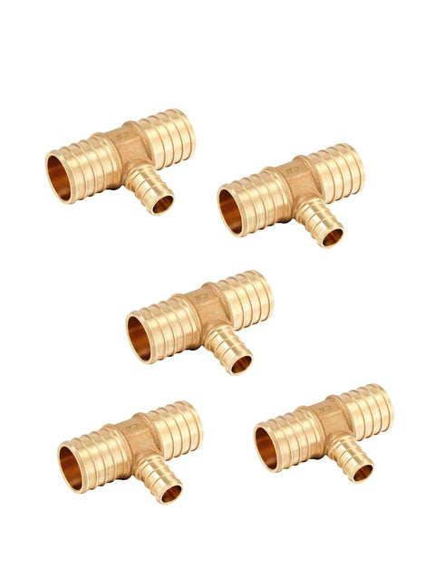 Five Pack Lead Free Brass PEX Crimp Tee Fittings 1 Inch By 1 Inch By 1 Inch For PEX Tubing on white background