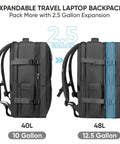 Sturdy Unisex Travel Backpack For Laptop, Carry-On Size With 40L Expandable To 48L, shown in expansion mode, black.